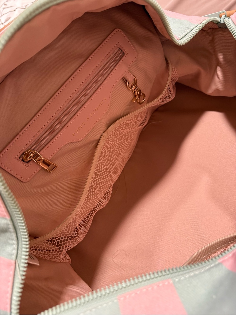 Poppy & Peonies Pink and Aqua Striped Canvas Tote with White Straps and Tan Trim - Picture 5 of 11